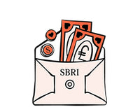 An illustration of a Sbri leather coin purse with money peeking out