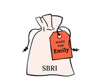 An illustration of Sbri's gift bags with a personalised leather gift tag