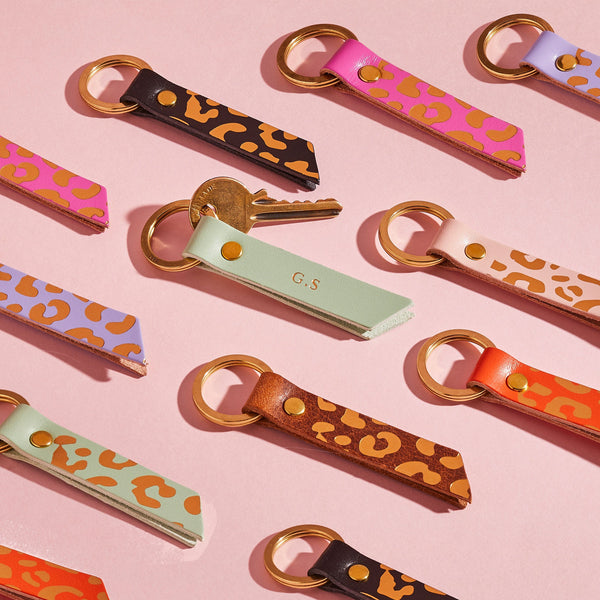 Personalised Leather Keyring with Gold Leopard Print