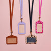 Four personalised leather lanyards with ID badge holders in brown, lilac, leopard print and fuchsia pink