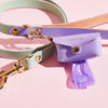 Lilac leather dog poop bag holder with personalised name, attached to a Sbri leather dog lead