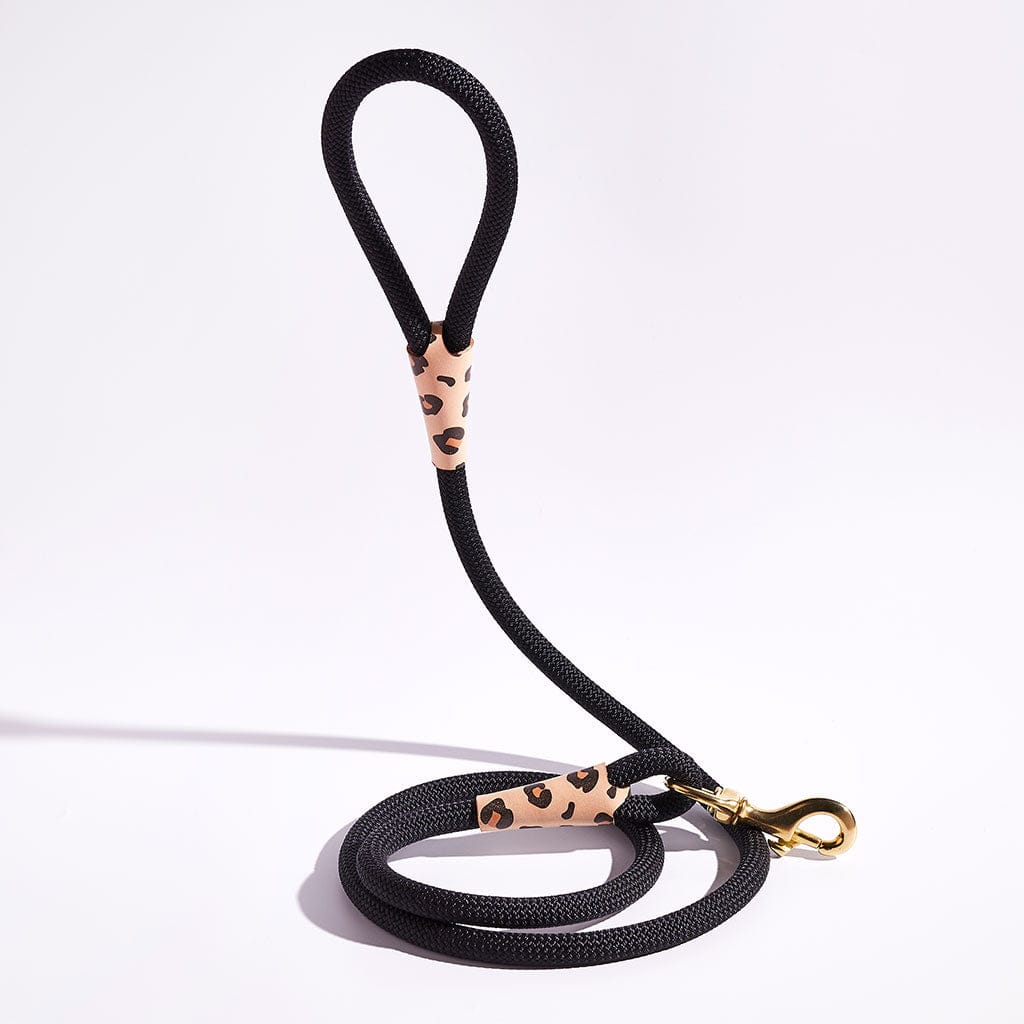 Black rope dog lead with leopard print leather binding and brass clasp