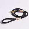 Black rope dog lead with leopard print leather binding and brass clasp